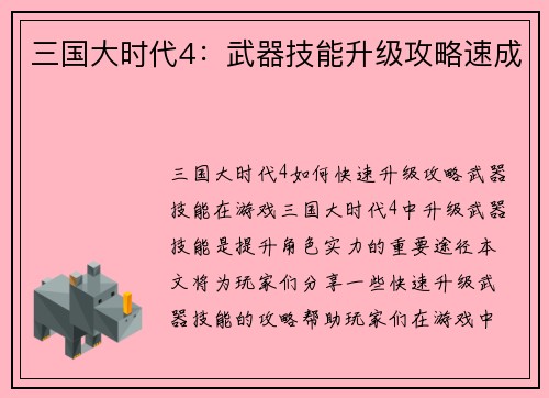 三国大时代4：武器技能升级攻略速成